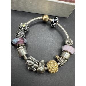 Pandora 925 Sterling Silver & 14k Gold Snake Chain Charm Bracelet 12 Charms ALE